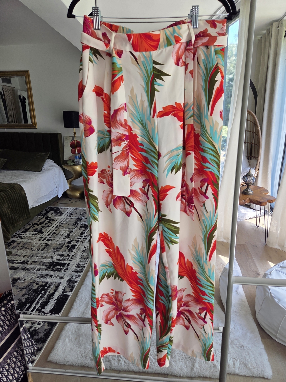St. Tropez Cream Wide-Leg Pants with Red & Teal Floral Print